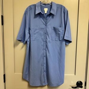 Chico's Modal Blend Button‎ Up Shirt Tunic Length Short Sleeve Sz 3 XL 16 Blue